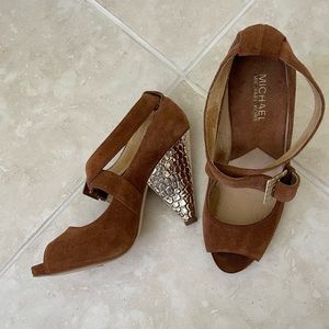 Michael Kors Brown Suede Open Toe Metal Heel Shoes